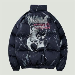 Mens Down Parkas Hipster Hip Hop Parkas acolchadas para hombre Harajuku Oso de dibujos animados Impreso Invierno Espesar Cálido Streetwear Casual Chaqueta suelta unisex 220914