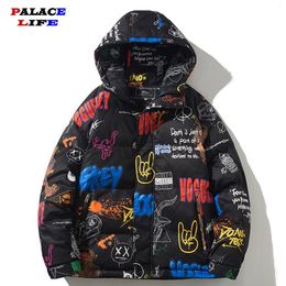 Hommes Vers Le Bas Parkas Veste Hommes Hiver Plein Graffiti À Capuche Coupe-Vent Manteau Streetwear Couple Surdimensionné Hip Hop Noir Femme 221129