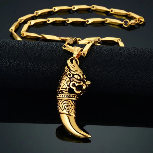 Collier avec dents de Dragon et de loup pour hommes, Punk, couleur dorée, pendentif Animal en or jaune 14k, bijoux Viking Cool