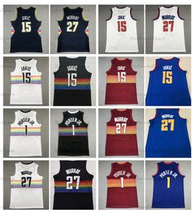 Hommes 15 Nikola Jokic 27 Maillots de basket Jamal Murray 1 Michael Porter Jr. City 75th Jersey Rouge Noir Blanc Chemises cousues S-XXL