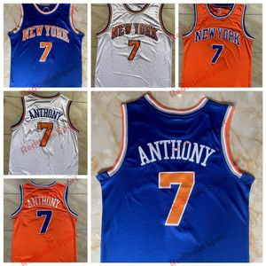 Heren New Basketbal Jerseys York #7 Carmelo Anthony Vintage Team Blauw Oranje Gestikte Shirts S-XXL