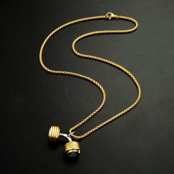 Collier pendentif haltère pour hommes en or jaune 14 carats Sport Gym Fitness collier d'haltères chaîne de bijoux masculins 24