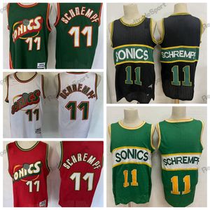 Mens Seattle Vintage 11 Detlef Schrempf Basketball Maillots 1995-1996 Noir Vert Cousu Chemises