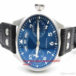 Edición para hombre Big Pilot 52850 Esfera azul con marcadores numéricos Reserva de marcha Relojes con indicador de reserva automático de cuero negro287f