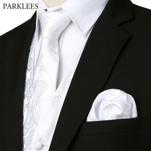 Hommes élégant mariage 3pcs Paisley Vest Set Marque Slim Fit Party Dîner Mâle Robe Gilets (Cravate + Poche + Carré) Blanc 210522