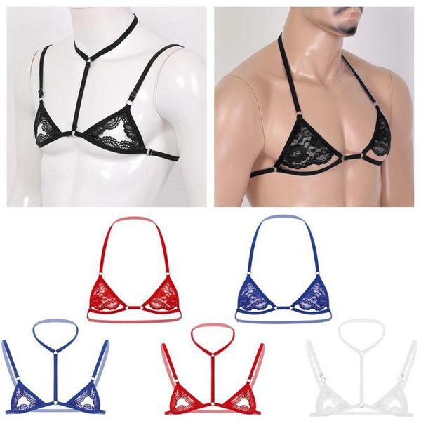 Lingerie érotique en dentelle Sissy pour hommes, col licou, bretelles Spaghetti réglables, sans doublure, Mini hauts de soutien-gorge pour man292P