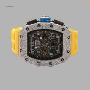 Heren Eta of Japan Beweging VVS Moissanite Watch / Full Iced Out enorm mechanisch horloge met gele rubberen band