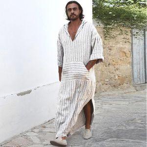 Hommes Ethnique Robes Lâche Rayé À Manches Longues À Capuche Vintage Casual Robe Caftan hommes t-shirt décontracté 2018 Vintage Robe Caftan