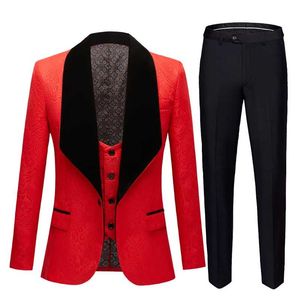 Moda para hombre Big Shawl Lapel 3 piezas Set Pink Red Blue White Black Trajes de novio de boda Quality Jacquard Banquet Tuxedo 211120
