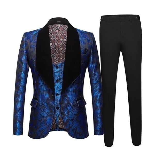 Mens Fashion Big Shawl Lapel 3 piezas Set Pink Red Blue White Black Wedding Groom Suits Quality Jacquard Banquet Tuxedo 201106