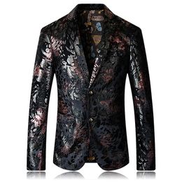 Hommes robe de mode Blazers hauts vestes imprimées florales manteaux coupe ajustée mâle velours jolie pochette scène Wear256V