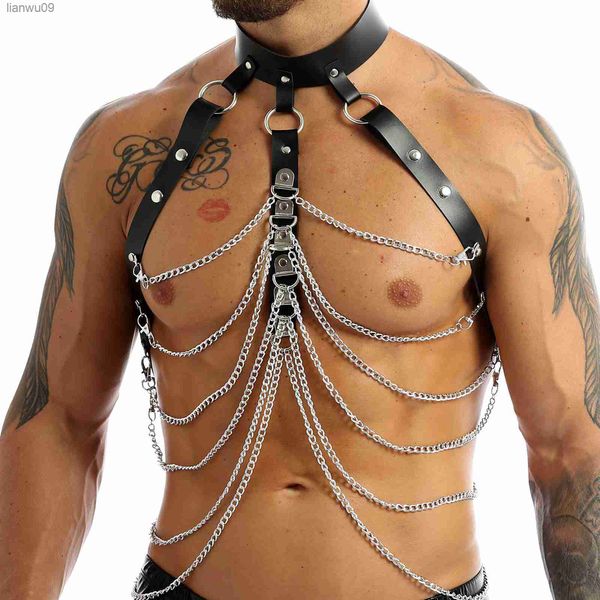 Hommes Mode Harnais Party Clubwear Corps Épaule Poitrine Boucle De Ceinture PU Harnais En Cuir Gay Mâle Punk Gothique Chaîne En Métal Halter L230704