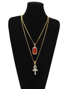 Mens Fashion Hip Hop Jewelry Gold Chain Rhinestone Red Ruby Pendant Necklace Set2142894