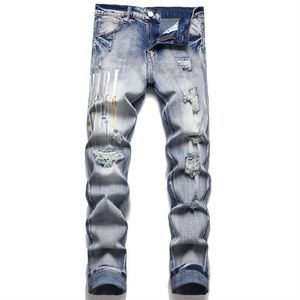 Jeans de moda para hombre Diseñador AM Jenas Jeans para hombre Parche perforado Leggings elásticos delgados de moda Pantalones de hombre versátiles Jeans de marca High Stree Slim Broken Hole Color