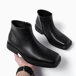 Herenmode originele lederen laarzen merk designer vierkante neus schoenen lente herfst chelsea boot zwart stijlvolle enkel botines mans 240126