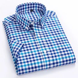 Mens Fashion Plaid Geroold Kort mouw katoenen shirt Single Patch Pocket Button Collar Holiday Jeugdige casual Gingham Shirts 240507