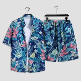 Mens mode afdrukken sets shirtshorts met korte mouwen 2 stks passen los 2024 zomer casual strandkleding mannelijke vakantie Hawaiian outfits 240507
