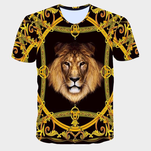 Camiseta gráfica de moda para hombre con estampado de león 3D patrón geométrico dorado Digital camisetas niños Hiphop Tops para ropa de playa al por mayor