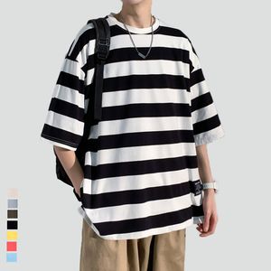 Camisetas de moda para hombre, camisetas sueltas de algodón a rayas, ropa de calle informal japonesa de verano, camisetas de Fitness, camisetas de gran tamaño para hombre