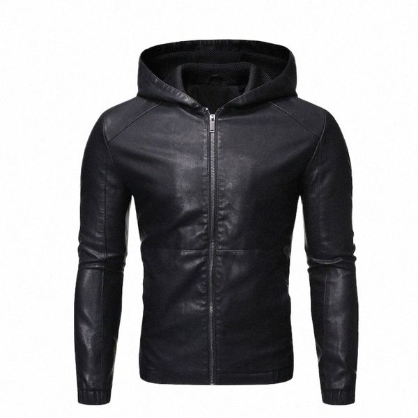 Veste en simili cuir pour hommes, vêtements d'extérieur de motard, à capuche, Pu, motard, noir, Slim, manteau en cuir, grande taille 5XL M71R #