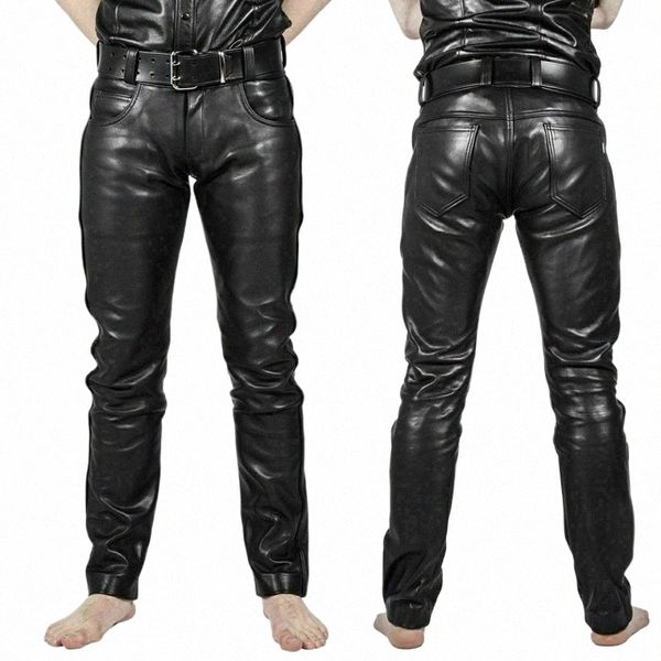 Pantalones de cuero de imitación para hombre Material de PU Pantalones de cuero de motocicleta ajustados negros para hombre v4RW #