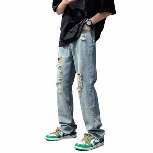 Mens Fi Raw Edge Ripped Jeans Hip-Hop Tide Brand BF All-Match Loose Straight Wide Pierna Jeans Streetwear Casual Hombres Pantalones Z6HD #