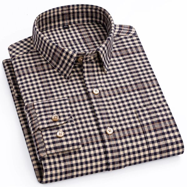 Chemise en coton épais de qualité supérieure pour hommes en flanelle à manches longues Style anglais Casual Standardfit Plaid rayé épais doux brossé chemises 240328