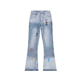 Mens Flare Jeans Fashion Patched Jeans Men Hip Hop Jean Pants Stijlvolle mannelijke Baggy denim broek Streetwear gestapelde jeans
