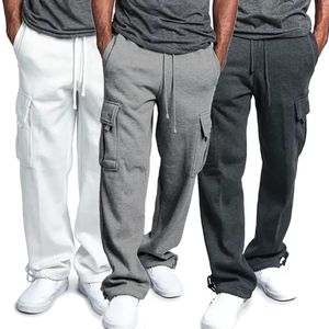 Heren Fleece Cargo Pants Losse trekkoord voor trekkoord met zakken Sport Rechte broek Jogging Long Pants Hip Hop Streetwear 240513