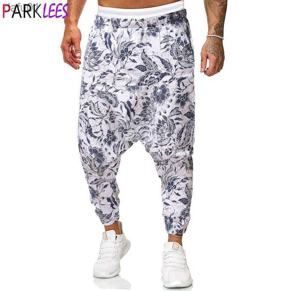 Mens Floral Print Harem Baggy Genie Boho Pantalones Algodón Lino Yoga Drop Crotch Joggers Pantalones de chándal Hip Hop Streetwear Pantalones 5XL L230520