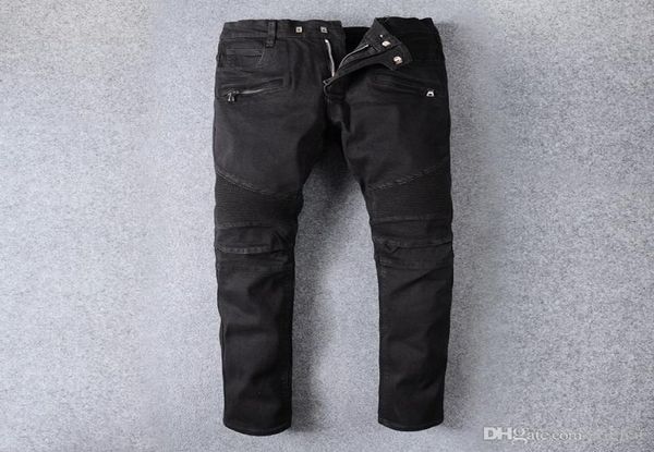 Mens Fold Skinny Black Jeans Diseñador de moda Played Paneled Zipper Fit Slim motociclista Pantalones de mezclilla Hip Hop 9648628749