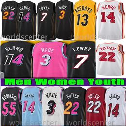 Heren jeugd Jimmy Butler 22 basketbalshirts Miamis Dwayne Dwyane 3 Wade 14 Tyler Herro Heates kinderen kinderen gestikte jersey