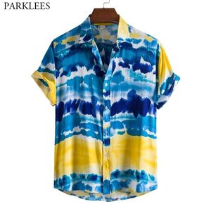 Mens Funky Colorful Holiday Aloha Chemise hawaïenne à manches courtes Casual Bouton Down Beach Wear pour hommes Party Outfit Vêtements M-4XL 210522