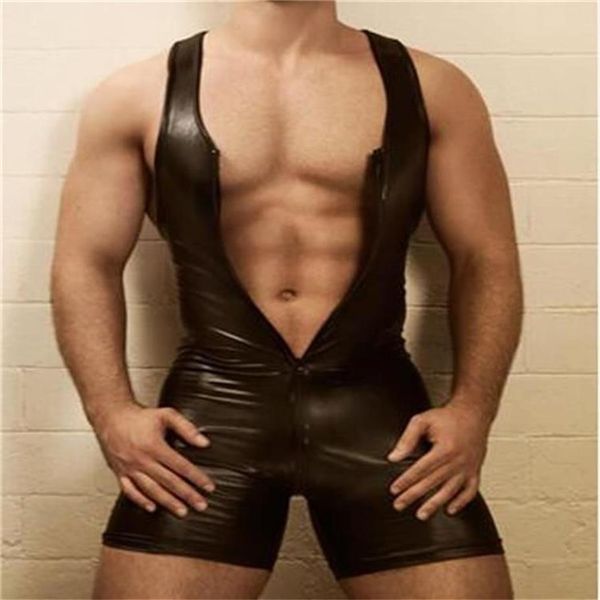 Hommes Gays Bondage fétiche Sexy PVC Catsuit body combishort Clubwear combinaison tenue L973 MLXLXXL3XL308H