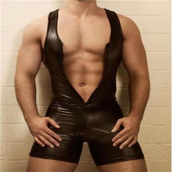 Hommes Gays Bondage fétiche Sexy PVC Catsuit body combishort Clubwear combinaison tenue L973 MLXLXXL3XL290L