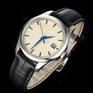 Mens Gentleman Klassieke Koe Lederen Band 39mm Licht Convex Blue Treasure Horloges Spiegel Ontwerp Mechanische Horloges Cadeau voor mannen
