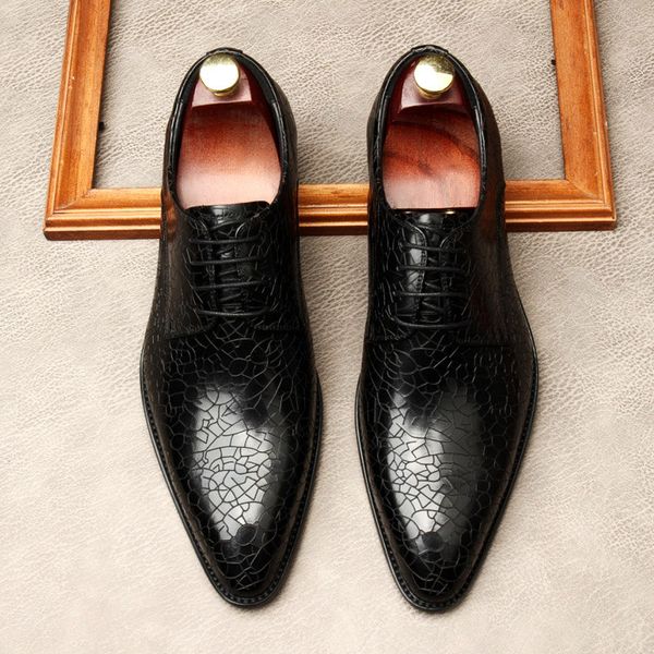 Chaussures habillées en cuir véritable pour hommes, chaussures de mariage d'affaires, Oxfords, impression craquelée, à lacets, bout pointu, chaussures sociales formelles pour hommes G37