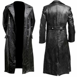 Mens Duitse klassieker WW2 Militaire uniform officier Black Leather Trench Coat Y240130