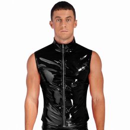 Hommes en cuir verni brillant Crop Tops en cuir verni col montant gilet Top Clubwear Zipper Sleevel veste gothique Punk Clubwear F5aB #