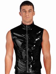 Hommes en cuir verni brillant Crop Tops Undershirt col montant gilet Top Zipper manches veste T-Shirt gothique Punk Clubwear R5yk #