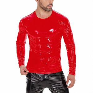 T-shirt en cuir PVC brillant pour hommes, manches Lg, grande taille, t-shirts en cuir brillant, Wetlook Latex Sha, manteau décontracté, fermeture éclair à côté U1qd #