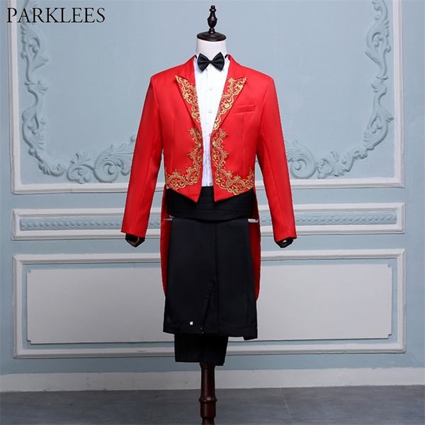 Hommes Or Broderie 4 pcs Costume De Smoking Rouge JacketPantsBletTie Marque Chef D'orchestre Magicien Pianiste Bal Tailcoat Costume Hommes Terno 220815