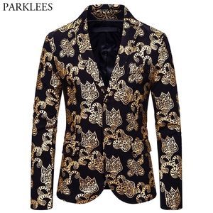 Mens Gold Floral Gedrukt Blazer Jas Gloednieuwe Single Breasted Notched Reving Pak Blazer Heren Party Prom Stage Kostuums LJ201103