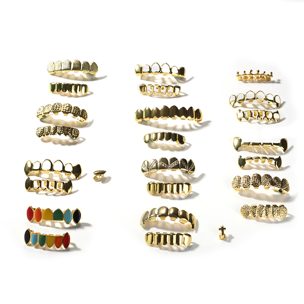 Mens Gold Grillz Teeth Set Fashion Hip Hop Jewelry High Quality Eight 8 Top Tooth Six 6 Bottom Grills