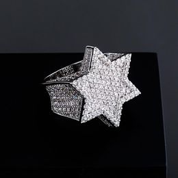 Anillo de oro para hombre de alta calidad Estrella de seis puntas Piedras llenas Anillos de diamantes Moda Hip Hop Anillos de plata Jewelry198y