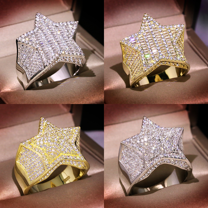 Anel de ouro masculino pedras de alta qualidade estrela de cinco pontas fashion hip hop anéis de prata joias