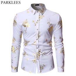 Mens Gold Rose Floral Print Shirts Merk Steampunk Chemise White Long Sleeve Wedding Party Bronzing Camisa Masculina 210721