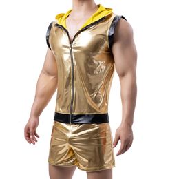 Mens Gold Shiny en cuir serré Tops Tops Boxer Briefs Shorts Clubwear Suit Nightclub Stage Party Vestes Costume Streetwear Y240326
