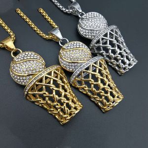 Hommes Or Argent Basketball Sports Net Cadre Charme Collier En Acier Inoxydable Design Créatif Avec Cristal Strass Gothique Pendentif Hip Hop Bijoux Pour Garçons