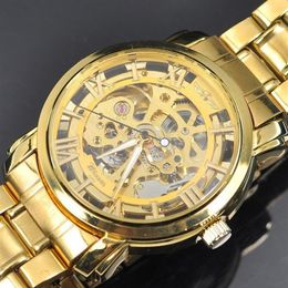 Heren Gold Skeleton Steel Self Mechanical Watch Dress for Men Women Fashion Polshorwatch Original Brand Winner230K